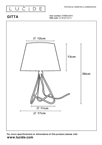 Lucide GITTA - Lampe de table - Ø 17 cm - 1xE14 - Chrome - technique